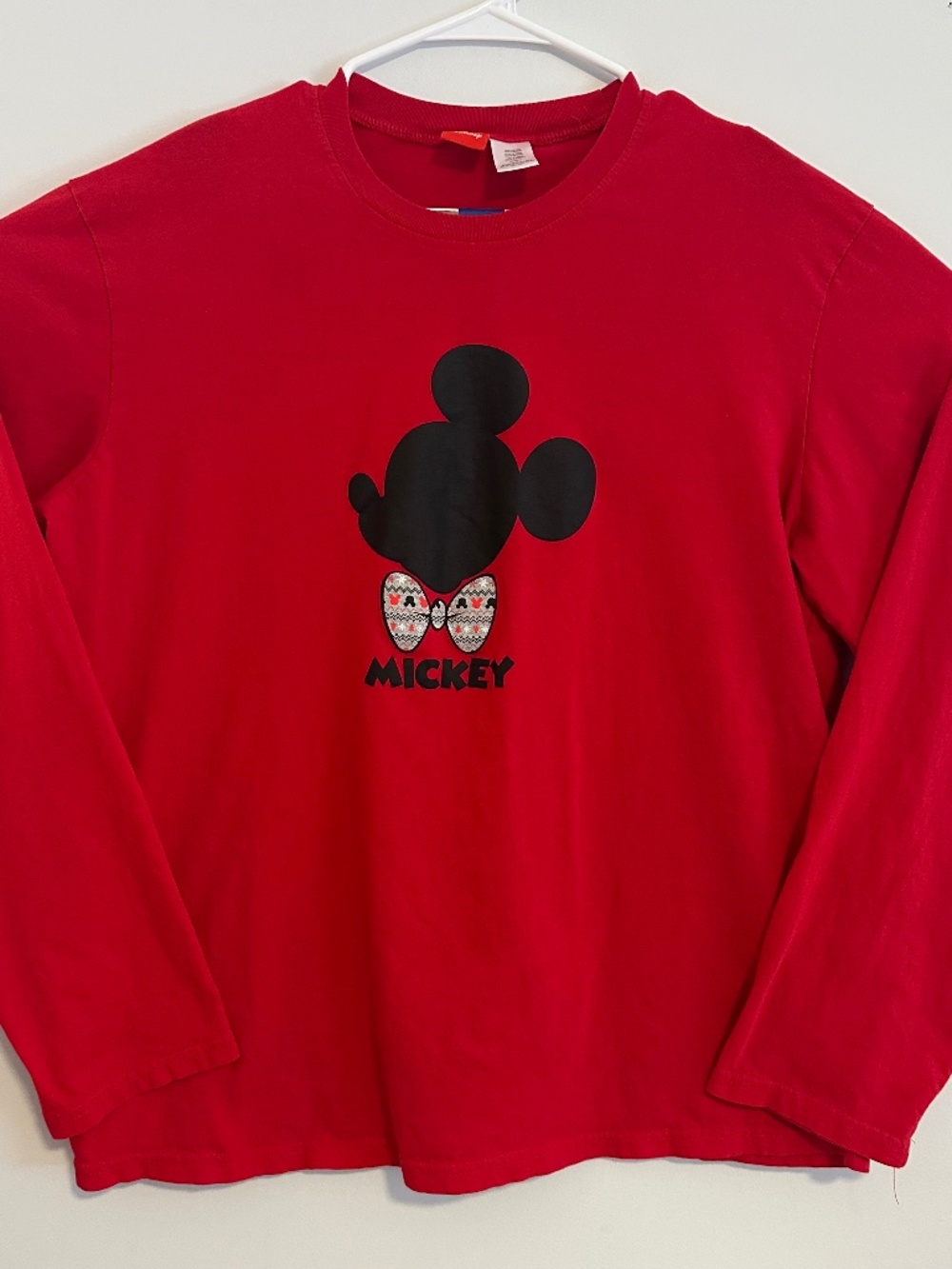 Mickey Mouse Bow Tie Graphic Print T-Shirt Large - XL Red Y2K Long Sleeve